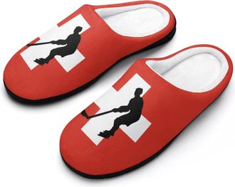 Generic Switzerland Flag Ice Hockey Mens Slippers Slip On Comfortable Fleece Cotton House Shoes Winter