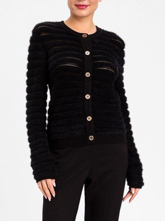 Twin-Set Openwork Wool Blend Cardigan with Crew Neck