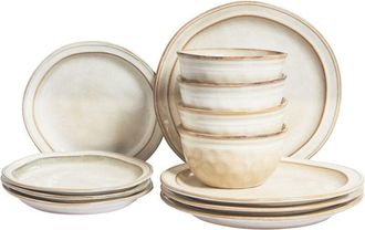 Beliani Vajilla De 12 Piezas Gres Caol&iacute;n Hecho A Mano Acabado Esmalte Reactivo Beige Claro Chives