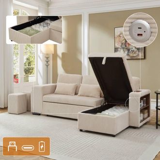 Matteo Modern L-Shaped Convertible Sofa Bed with Storage & Charging in Beige