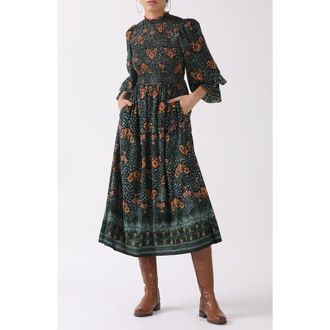 Celina Moon Aurnia Smocked Long Sleeve Midi Dress in Green at Nordstrom Rack, Size X-Large