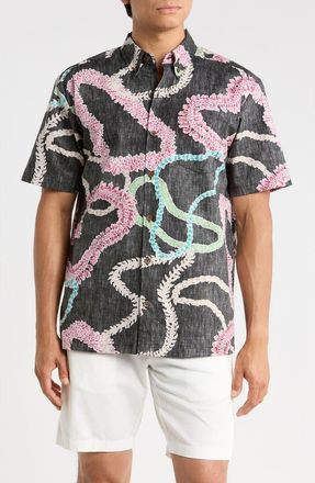 Kahala Lei Aloha Short Sleeve Cotton Button-Down Shirt in Black at Nordstrom, Size Xx-Large