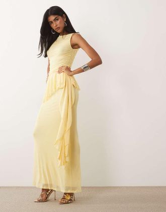 Asos Vestito lungo senza maniche in rete color limone con arricciature e volant-Giallo