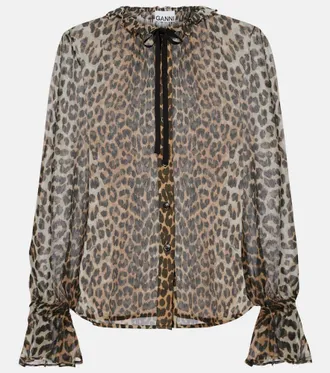 Ganni Leopard-print tie-neck chiffon blouse