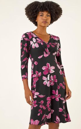 Roman Floral Print Gathered Stretch Midi Dress