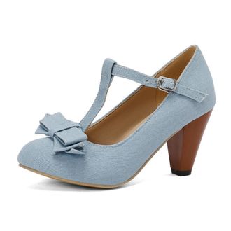 Generic Women Denim T Strap Pumps Round Toe Pointed Heel Bow Decor Adjustable Buckle Ankle Strap Non Slip Durable Comfortable Dress Party Shoes,Light Blue,10.