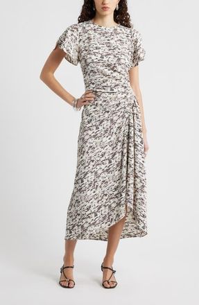 Nordstrom Split Sleeve Side Smocked Midi Dress in Ivory- Brown Textural at Nordstrom, Size Xx-Small