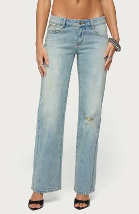 Edikted Lainie Distressed Low Rise Bootcut Jeans in Medium-Distressed-Wash-Blue at Nordstrom, Size X-Small