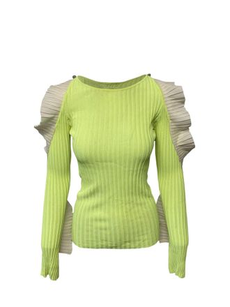 DAVID KOMA Cut Out Ruffled Longsleeves Knit Top in Green Rayon