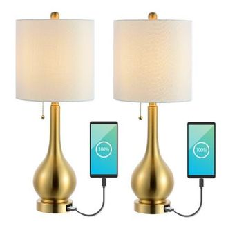 Jonathan Y Designs Tyler 24 Modern Classic Gourd Iron LED Table Lamp with Pull-Chain with Dual USB Charging Port in Brass Gold at Nordstrom
