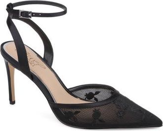Badgley Mischka Zaida Ankle Strap Pointed Toe Pump in Black Satin at Nordstrom, Size 7.5