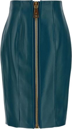 Balmain Zipped Lambskin Skirt - Dames - Leren & Su&egrave;de rokken - Blauw - 2XS - Leer - Rokken