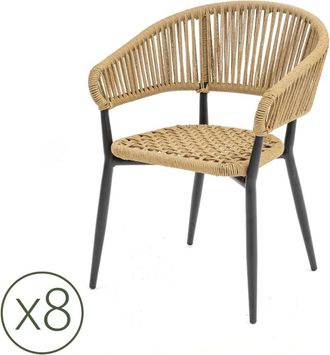 Kerama Pack de 8 sillas de exterior de aluminio negro y cuerda