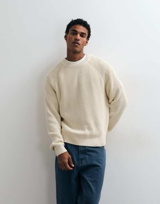 Abercrombie & Fitch maglione girocollo lavorato a maglia in misto cotone color crema-Bianco