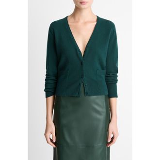 Vince Satin Button Wool & Cashmere Blend V-Neck Cardigan in Juniper at Nordstrom Rack, Size Xx-Small