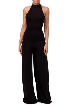 Naked Wardrobe Smooth Halter Wide Leg Jumpsuit in Black at Nordstrom, Size X-Large