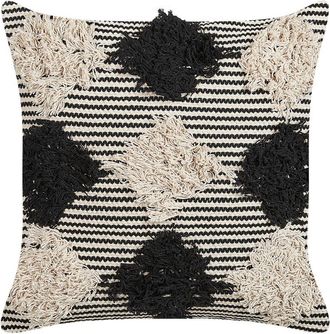 Beliani Coj&iacute;n De Algod&oacute;n Beige Negro 50 X 50 Cm Hecho A Mano Patr&oacute;n Geom&eacute;trico Bhusawal
