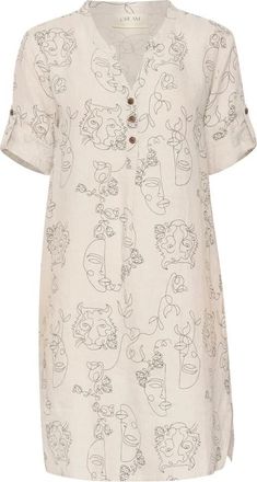 Cream Face Print Caftan Korte Jurk - Dames - Korte kleedjes - Beige - XS - Linnen - Kleedjes