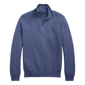 Polo Ralph Lauren Turtlenecks, male, Blue, M, Cotton Half-Zip Knitwear