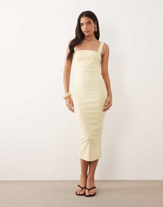 Vesper Vestito midi in bengalina giallo limone con scollo squadrato e pannelli in rete