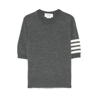 Thom Browne Round-neck Knitwear, female, Gray, Size: 2XS Grey Crew Neck Sweater with Sheer Sleeves