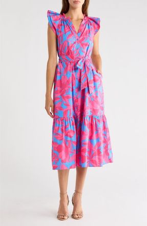 Sugarlips Floral Print Tie Waist Midi Dress in Pink-Blue at Nordstrom, Size X-Small