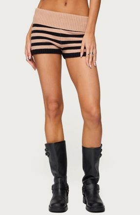 Edikted Saphi Stripe Foldover Waist Knit Shorts in Black-And-Beige at Nordstrom, Size X-Small