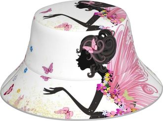 Generic Double-Side-Wear Camping Hat Flower Fairy Girl with Pink Wing Elves and Butterflies Funny Rain Hat for Beach,Adults,Fishing,Camping,Teens