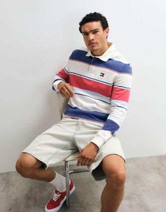 Tommy Jeans Camicia taglio comodo stile rugby blu e rossa a righe-Multi