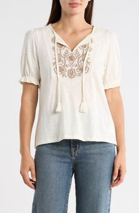 Lucky Brand Embroidered Tie Front Top in Gardenia Multi at Nordstrom Rack, Size X-Small