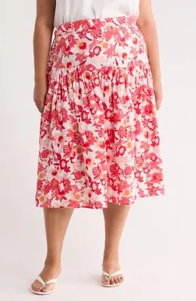 Caslon Cotton Gauze Tiered Midi Skirt in Ivory- Red G Palm Floral at Nordstrom Rack, Size 3 X