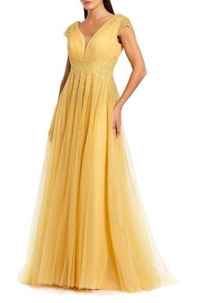 Mac Duggal Embellished Tulle Cap Sleeve V Neck Gown in Gold at Nordstrom, Size 16