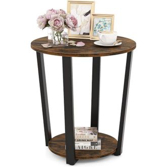 Costway Costway - Mesa Auxiliar Redonda, Mesa Lateral De 2 Niveles Con Estante Abierto, Marco De Metal, Mesita De Noche Industrial Para Sala De Estar Y Dormit