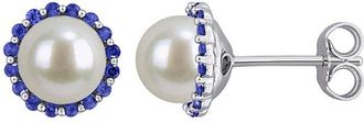 Rina Limor Silver 0.32 Ct. Tw. Sapphire & 7-7.5 Mm Pearl Halo Stud Halo Stud