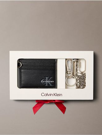 Calvin Klein Mens Leather Monologo Card Case + Chain - Black