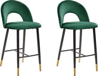 Beliani Conjunto De 2 Sillas De Bar De Terciopelo Verde Esmeralda Negro Dorado Metal Retro Comedor Falton