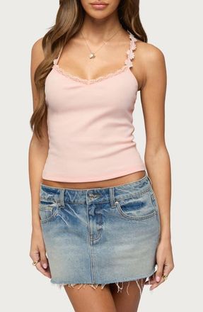 Edikted Caila Flower Strap Rib Tank in Pink at Nordstrom, Size X-Large