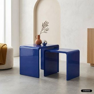 Sweeek Mesas de centro nido racabado brillante, set de 2, azul