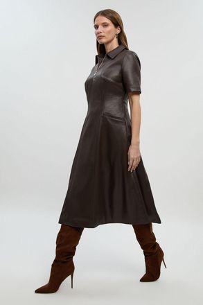 Karen Millen Womens Faux Leather Collared Midi Shirt Dress - Chocolate - Size 16 UK