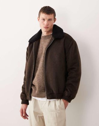 Asos Giacca harrington marrone effetto lana con colletto in pile borg