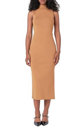 endless rose Metallic Mock Neck Body-Con Midi Dress in Camel at Nordstrom, Size X-Small