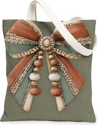 Generic Bow Canvas Tote Bags, Decorative Ribbon Design Reusable Grocery Bags, Vintage Lightweight Washable Shoulder Strap Canvas Fo, Green, 13x15 Inch