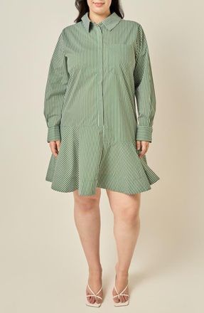 English Factory Striped Long Sleeve Flared Skirt Shirtdress in Dark Olive at Nordstrom, Size 3X