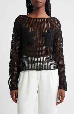 Mango Floral Embroidered Open Stitch Sweater in Black at Nordstrom, Size Medium