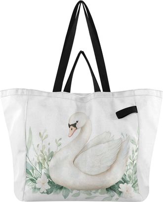 Generic Flower White Swan print Reusable Canvas Tote Bag, Heavy Duty Grocery Shopping Bag with Hard Bottom Double Handles Large Capacity Work Groceries Travel