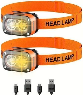 OEM Juego De 2 Linternas Frontales Led Recargables Por Usb: Doble Iluminaci&oacute;n Con Sensor De Movimiento, Luz De Advertencia Roja, Para Cascos, Camping Y Ma