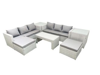 Fimous 8 Seater Garden Outdoor Rattan Furniture Set Rattan Garden Sofa Oblong Coffee Table with 2 Big Footstools 2 Side Tables Light Grey Mixed