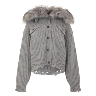 Blumarine Cardigans, female, Gray, Size: M Cardigan with Fur Collar