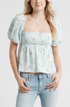 BP. Print Bubble Sleeve Babydoll Top in Green C-Pink Selina Floral at Nordstrom, Size Xx-Small