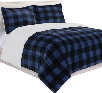 Elegant Comfort 3-Piece Buffalo Micro-Suede Reversible Sherpa - Lodge-Plaid Pattern Comforter Set